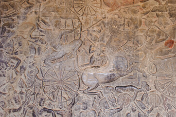 Bas-relief sculpture at Angkor Wat, Siem Reap, Cambodia.