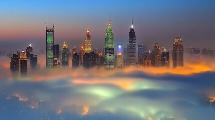 Obraz premium Stunning Misty Cityscape of Skyscrapers in Dubai at Sunrise