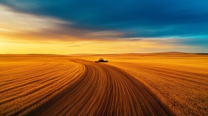 Fototapeta premium Automated tractors plow vast fields under a golden sunset showcasing the beauty of wide-angle photography in agriculture