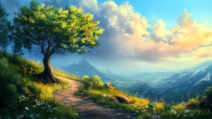 Obraz premium A serene landscape featuring a tree beside a winding path, with mountains and a vibrant sky in the background.