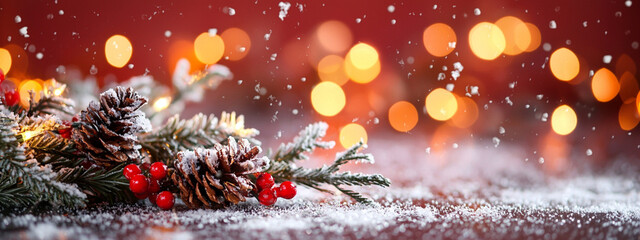Frosted Pine Branch with Festive Lights and Red Berries Amid Soft Golden Bokeh – Perfect for Christmas Design, Seasonal Marketing, and Winter Decor Concepts