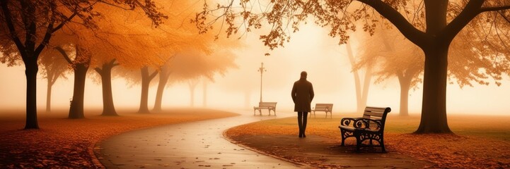 Obraz premium autumn park, foggy morning, lone figure walking, tree-lined path, golden light, fallen leaves, empty bench, serene atmosphere, misty landscape, warm colors, silhouette, peaceful, nostalgic mood, panor