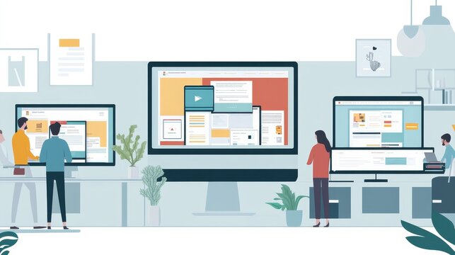 A modern workspace featuring multiple screens with various digital content and users engaged in tasks.