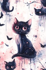 Whimsical black cat surrounded by butterflies and dreamy background enhances artistic expression of nature's playfulness