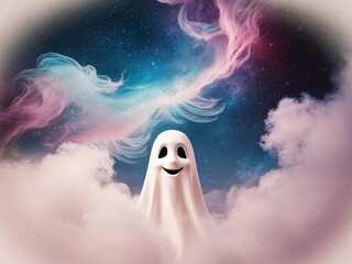 Smiling ghost with colorful cosmic background.