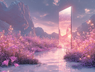 a set of stairs and door leading down into a vibrant, colorful cave filled with an otherworldly glow.