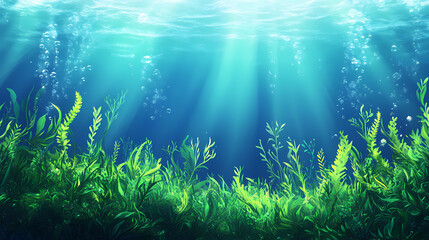 Obraz premium Underwater view of a group of seabed with green seagrass. Underwater Coral Garden. Illustration