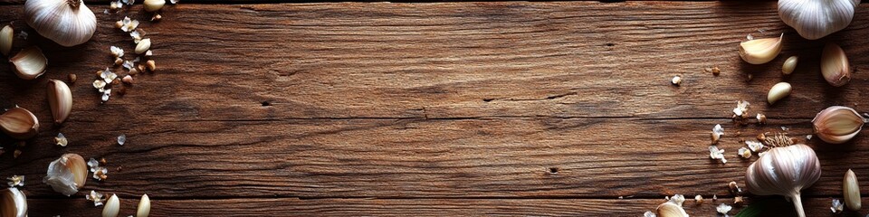 Fototapeta premium Garlic banner with wooden background and spices for culinary themes