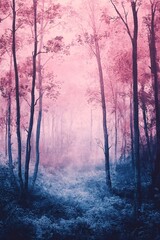 Naklejka premium Misty forest envelopes trees in ethereal pink and blue hues creating a dreamlike atmosphere for nature enthusiasts and photographers to explore the beauty of the wilderness