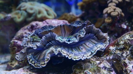 Obraz premium Giant clam shows off vibrant colors in a saltwater aquarium, adding beauty to the coral reef. Its blue, purple, green, and brown hues create a captivating texture