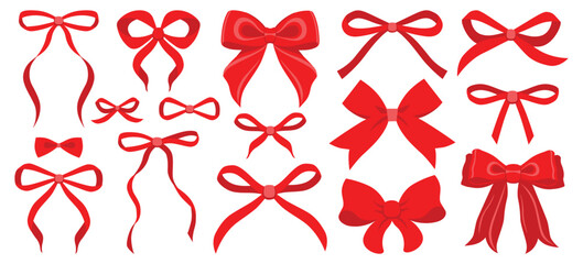 Simple hand drawn ribbon bow collection. Bowknot for decoration, big set of bowtie. Large retro hand drawn ribbon illustration set. Set of various cartoon bow knots, gentle gift ribbons red color © yuliabikirova