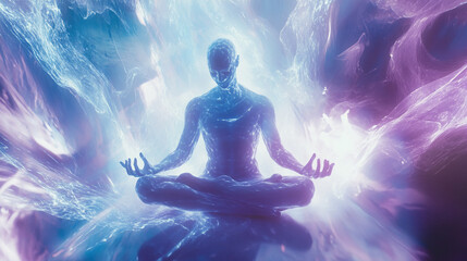 A digital rendering of a person meditating in a glowing, ethereal space