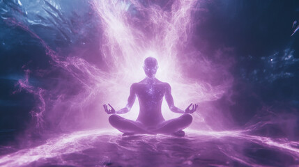 Obraz premium A person sits in a meditative pose surrounded by swirling purple energy