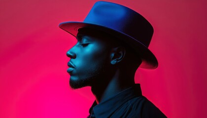 A Man in a Blue Hat Against a Pink Background