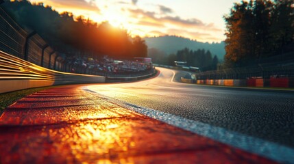 Asphalt Race Track with Dynamic Infrastructure in Motion, Ideal for Speed, Racing, and Motorsport Themes, High-Quality Image Capturing the Energy of a Racing Environment for Microstock Use