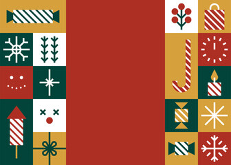 Minimalist Christmas Greeting Card with Geometric Holiday Icons and Bold Red Center Space