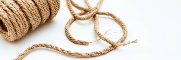 Thick brown rope, nautical hemp cord, twisted fibers, macro texture, natural jute twine, rustic craft material, beige background, close-up photography, coiled rope detail, organic material, maritime t