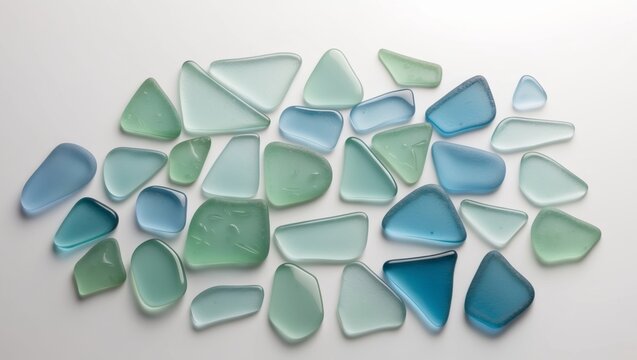 closeup of shiny sea glass pieces in pastel green and blue hues.