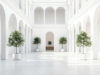 White building with open atrium, lightfilled space, 3D illustration