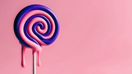 Purple and Pink Swirled Lollipop with Melting Icing on Pink Background.