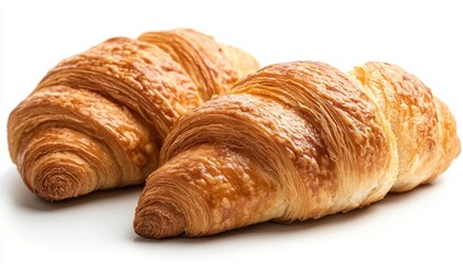 Freshly baked croissants isolated on a white background showcasing flaky layers