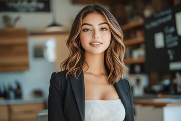 Fototapeta premium Portrait of a smiling woman with brown hair wearing a black blazer and a white top in a cafe