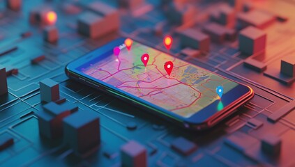 A smartphone displaying a digital map with location markers on a futuristic cityscape at night, highlighting urban navigation technology
