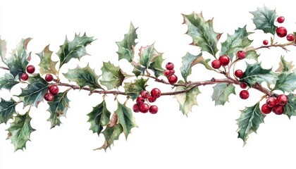 Fototapeta premium Watercolor Christmas greeting card template featuring holly branches and berries