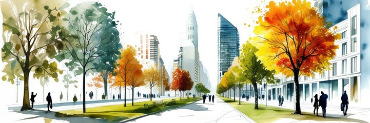 Autumn city street, watercolor painting, vibrant fall colors, people walking with umbrellas, urban park scene, orange and yellow trees, silhouettes of buildings, impressionistic style, wet sidewalk re