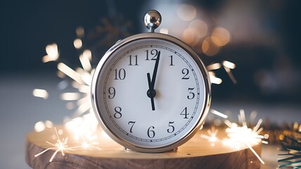 A silver clock with a white face showing midnight surrounded by sparklers and bokeh lights