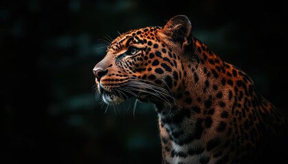 Fototapeta premium A majestic leopard stands out against a dark background, showcasing its beauty
