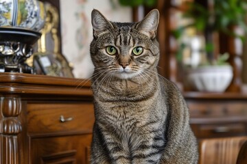 Tabby Cat Sitting on Antique Wooden Chest Green Eyes Domestic Pet