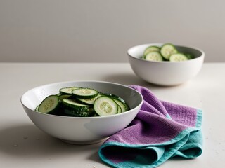 The white bowl of cucumber slices has a purple and green towel and a separate bowl of cucumber slices.