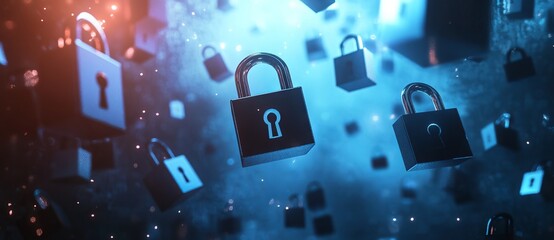3D Rendering of Floating Padlock Icons on a Dark Blue Background. AI generated illustration