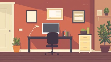 A minimalist home office setup featuring a desk, computer, and plants against a warm wall.