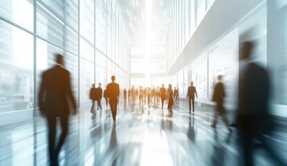 A bustling exhibition hall with people in business attire interacting among digital displays and presentation boards, capturing the vibrant atmosphere of a trade show.