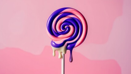 Purple and Pink Swirled Lollipop with Melting Icing on Pink Background.