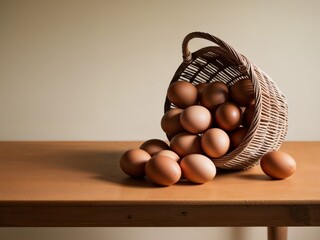 Wicker basket filled with brown eggs on a wooden surface.