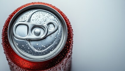 A shiny red aluminum soda can with condensation on a white background