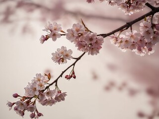 Obraz premium The soft spring haze envelops a thriving cherry tree limb adorned with blossoms.