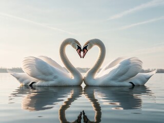 Obraz premium swans forming heart shape on serene water.