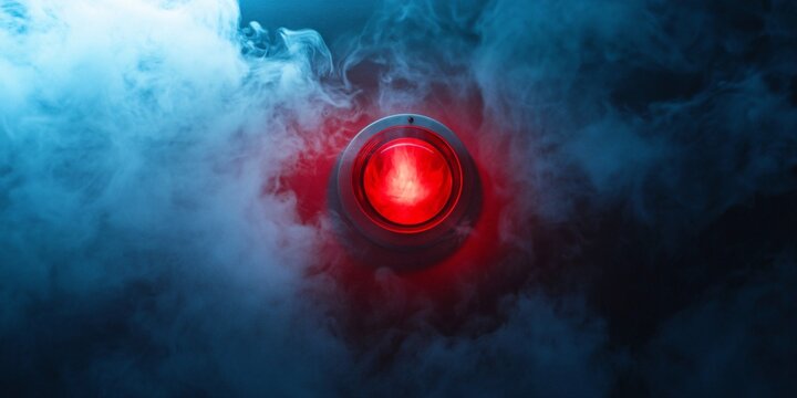 A red smoke detector activates in an indoor setting, signaling an alert during a fire safety drill in a modern office space