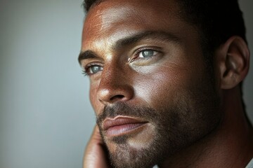 Fototapeta premium Close-up Portrait of a Man with a Stubble and Thoughtful Expression