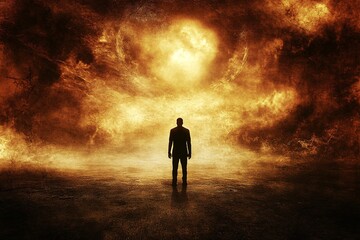Silhouette of Man Facing Bright Light in Dramatic Fiery Sky