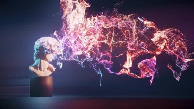 A white marble statue of David's head wearing VR glasses is surrounded by holographic data waves and floating digital data streams