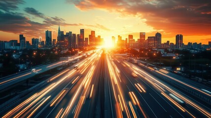 Obraz premium Futuristic highway, glowing neon road markings, highspeed hovercars, digital city skyline, sunset