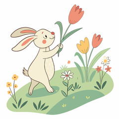 A cute cartoon bunny holding a bouquet of flowers in a spring meadow. The bunny is drawn in a whimsical style with a sweet expression, making this image perfect for children's books, greeting cards.