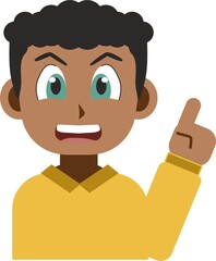 Manga style illustration of a smiling black young man pointing up with her index finger isolated on white background. Concept, indicating something, showing design elements