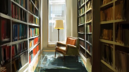 A cozy library corner with a chair, bookshelves, and a lamp, inviting reading and relaxation.
