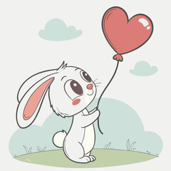 Adorable bunny holding a heart-shaped balloon, perfect for Valentine's Day cards, children's books, or cute designs. This sweet illustration is full of charm and will bring a smile to anyone's face.